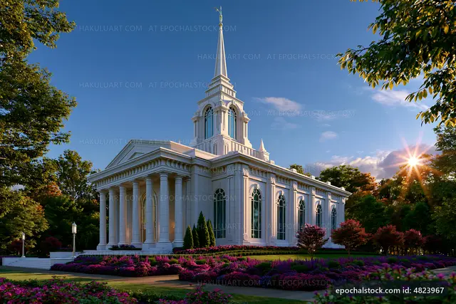 Church building with tall spire and colorful garden in daylight