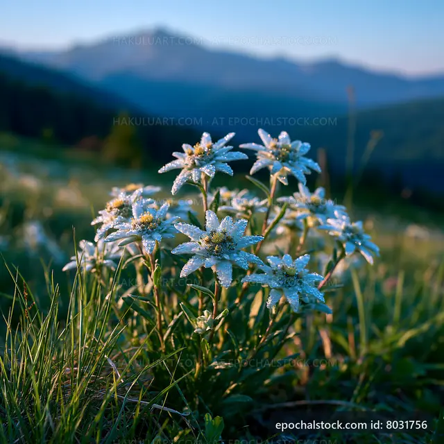 Edelweiss flowers growing in grass on a mountain slope