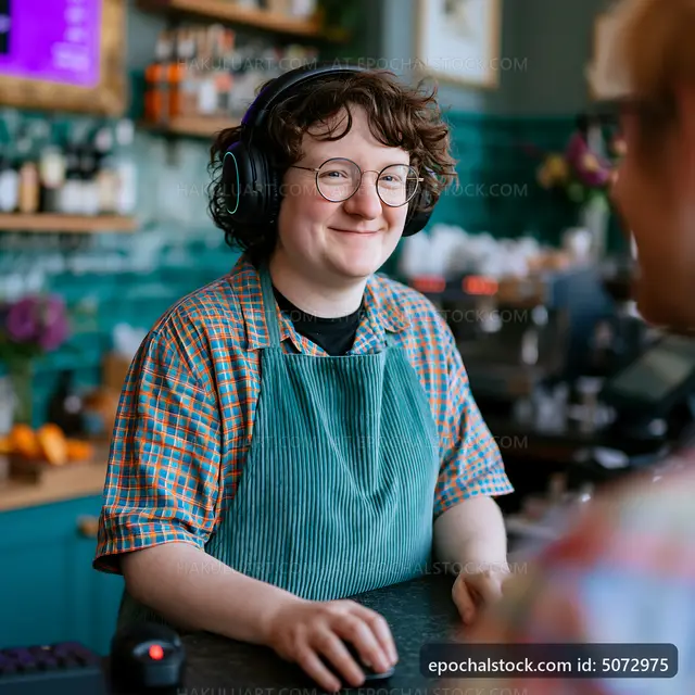 Barista serving customers at a coffee shop with headphones on