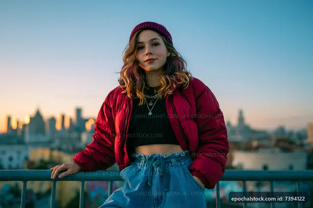 Young woman in red jacket with city skyline at sunset