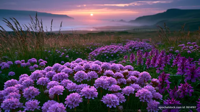 Vibrant flowers at sunset in a scenic landscape