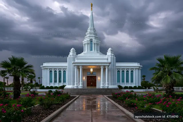 White temple under dark stormy sky with palm trees