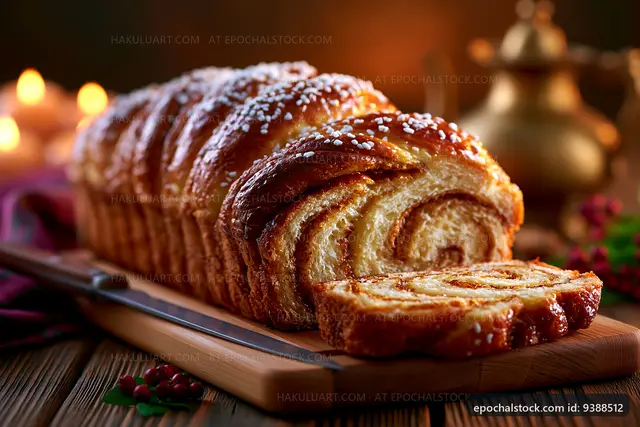 Freshly baked sweet bread on wooden board with warm lighting