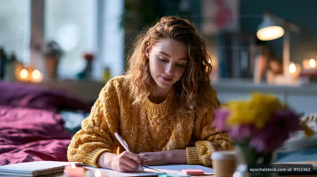 Woman writing at a desk in a cozy bedroom setting