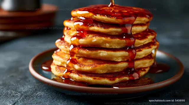 Stack of pancakes drizzled with syrup on a dark background