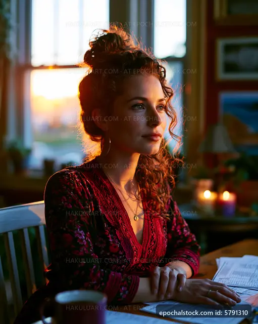 Woman sitting at a table during sunset with documents