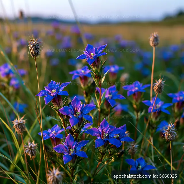 Colorful wildflowers in a grassy field at sunset