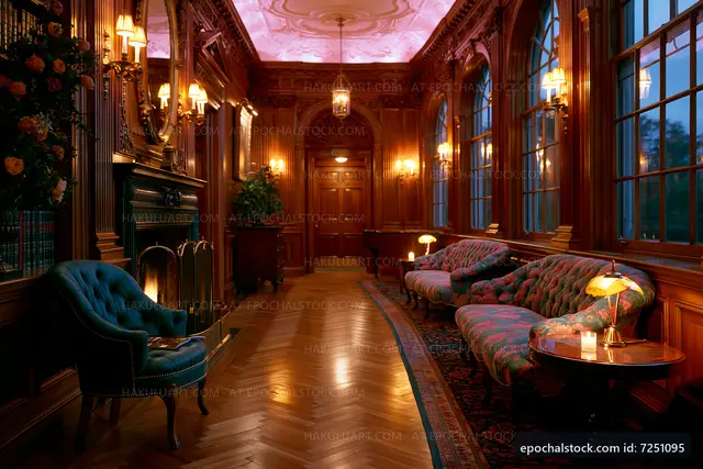 Elegant hallway with seating and warm lighting in an old building