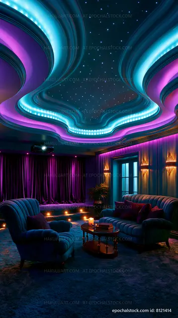 Cozy home theater with colorful lighting and plush seating