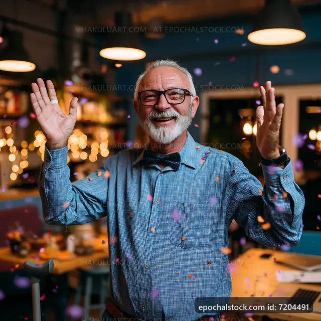 Senior man celebrating with confetti in a festive indoor setting