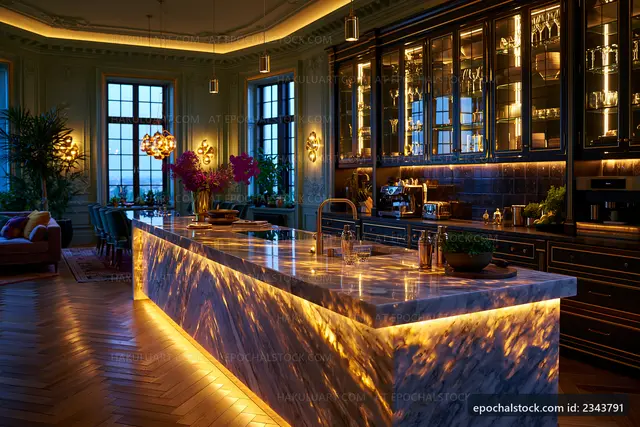Modern kitchen with marble counter and ambient lighting