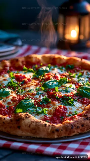 Delicious pizza with fresh basil on checkered tablecloth