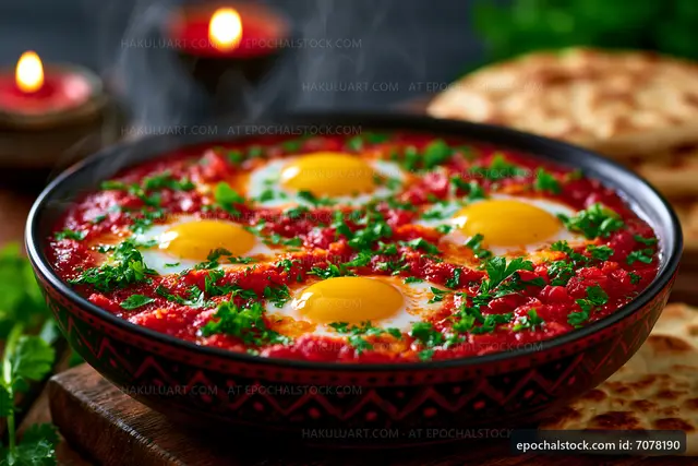Dinner with eggs in tomato sauce and flatbread