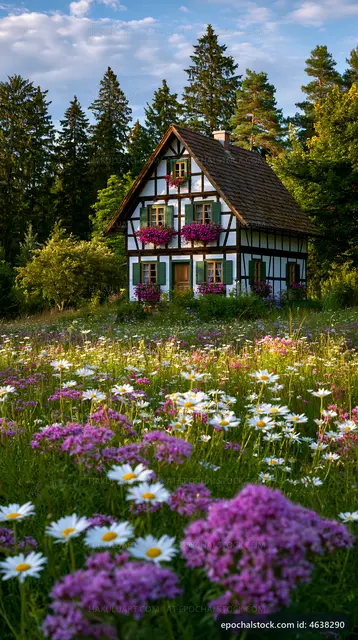House surrounded by flowers in a forest setting