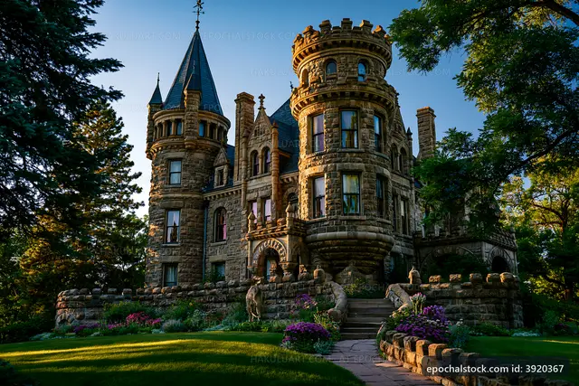 Historic stone castle with towers surrounded by greenery