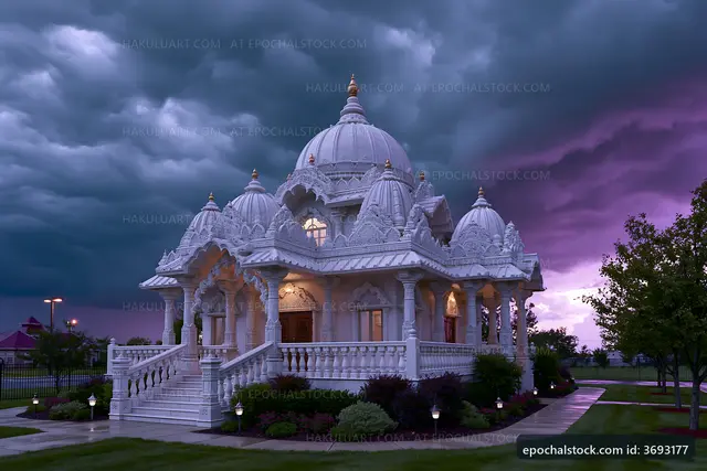 Beautiful temple under stormy sky at dusk