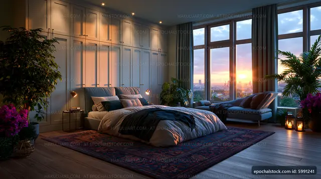 Modern bedroom with a view of the sunset in an urban setting