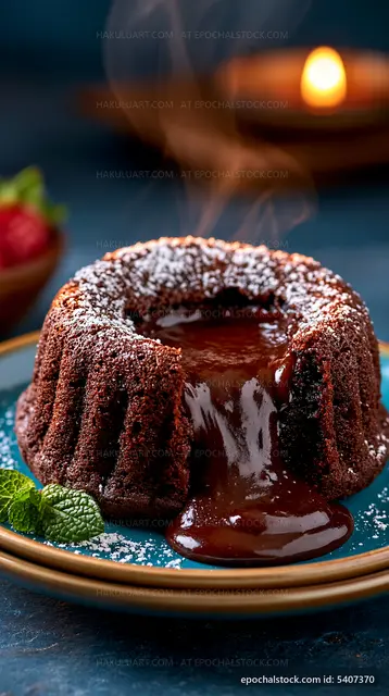 Chocolate lava cake with warm chocolate sauce and mint leaves