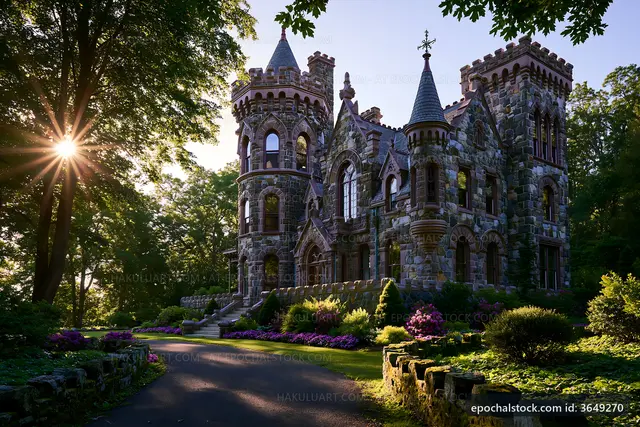 Historic castle exterior with garden in sunlight