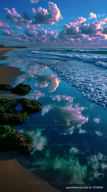 Colorful clouds reflect in water at sandy beach shore