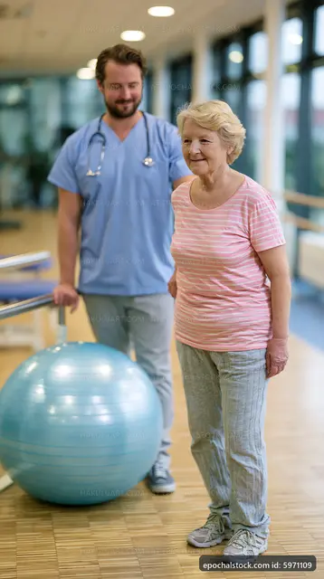 Senior woman walking with therapist in rehabilitation center