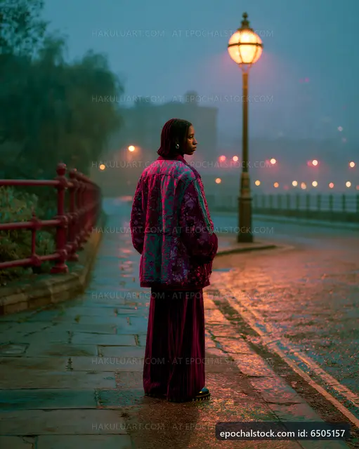 Evening stroll by the riverside with street lamps glowing
