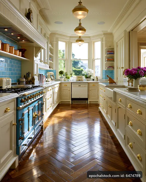 Bright kitchen with modern appliances and wooden flooring
