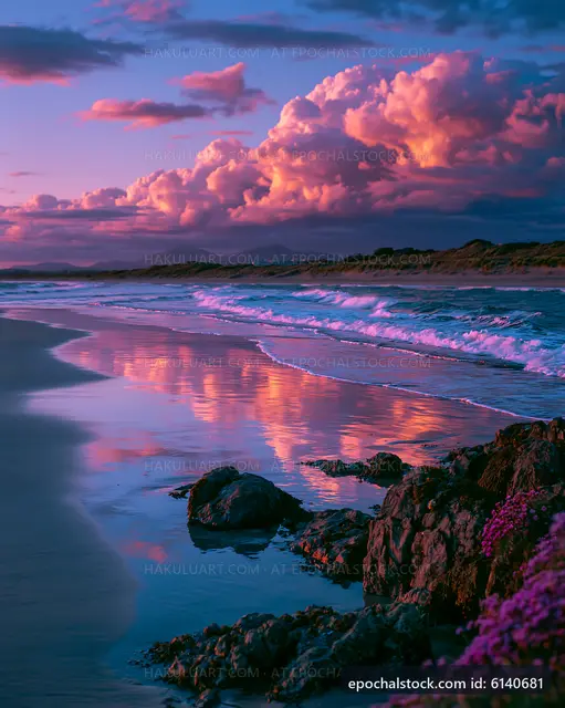 Colorful clouds reflect on water at the beach during sunset
