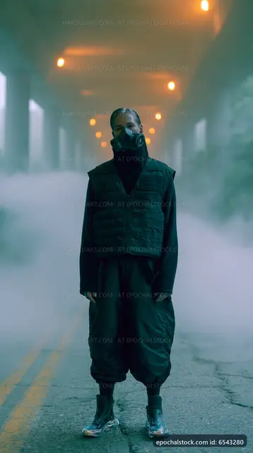 Person in protective gear standing on a foggy road