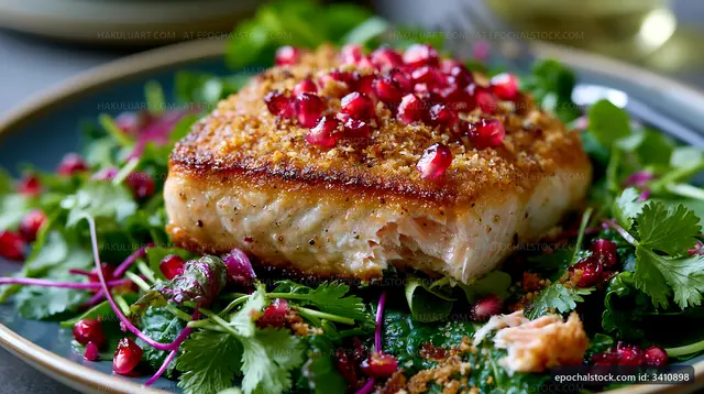 Grilled salmon on a bed of fresh greens with pomegranate