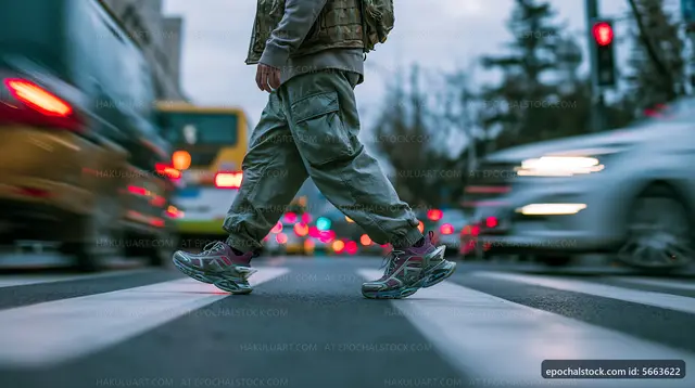 Person walking on crosswalk during busy traffic in the city