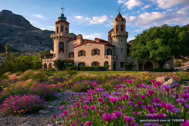 Castle with towers surrounded by flowers in a mountain landscape
