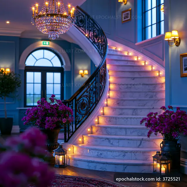 Spiral staircase lit with candles and flowers at evening