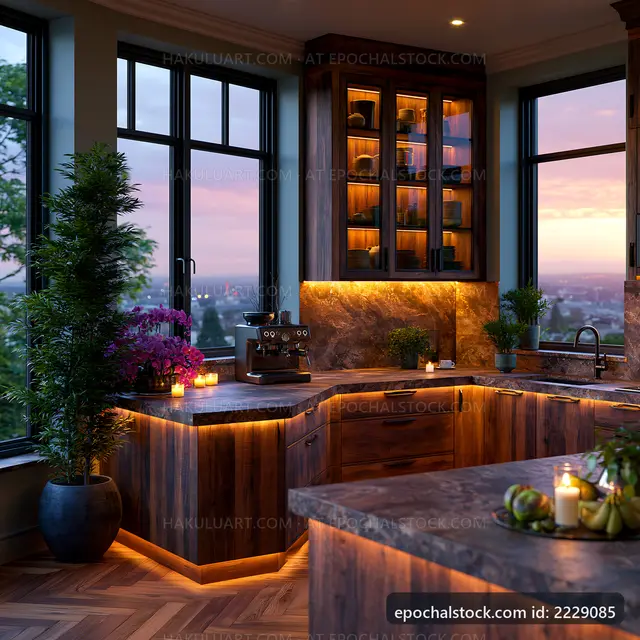 Cozy kitchen with sunset view and warm lighting