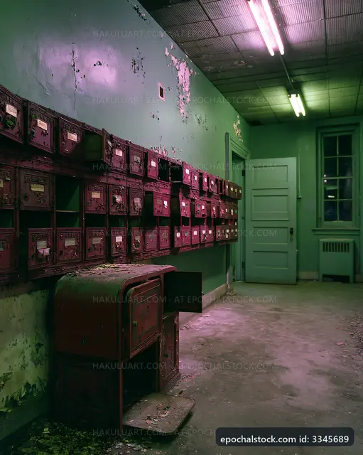 Old mailboxes in a deserted hallway of a building