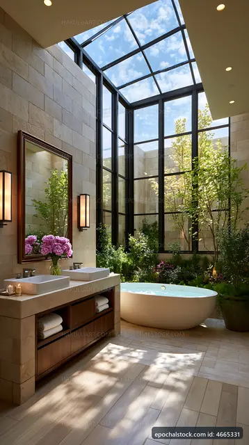 Bright bathroom with large window and view of greenery
