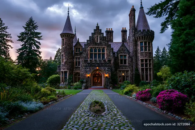 Historic stone castle with towers under cloudy sky