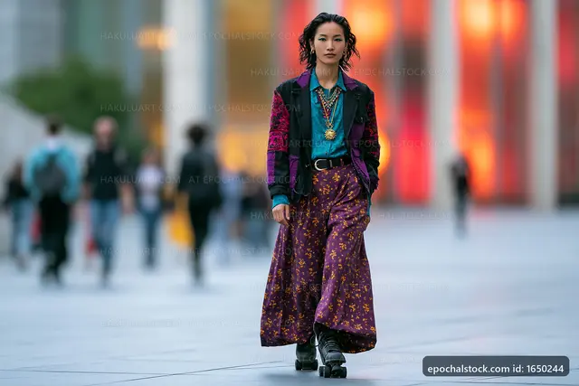 Fashionable person walking in urban setting during the day
