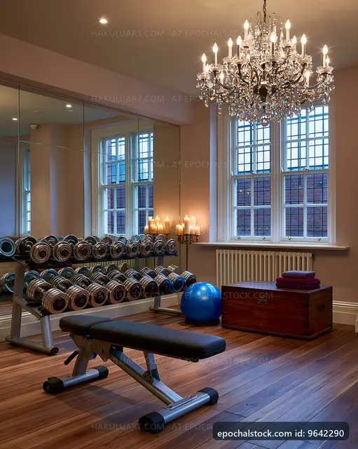Modern gym interior with weights and chandelier lighting