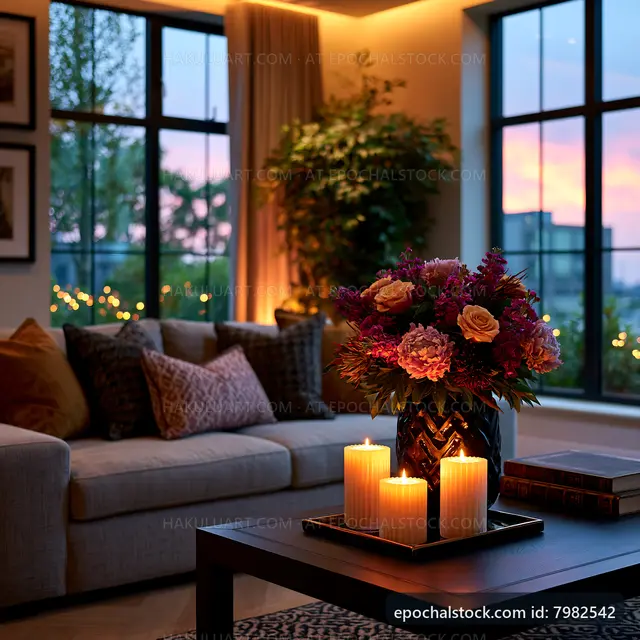 Cozy living room with candles and flowers at sunset