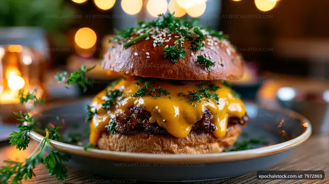 Cheeseburger with melted cheese and fresh herbs on a plate
