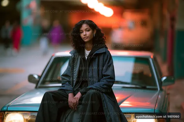 Woman sits on hood of car in urban setting during sunset