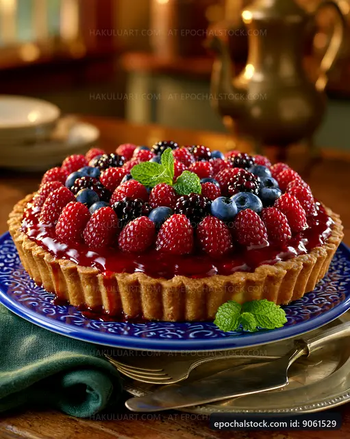 Berry tart with fresh fruits on display at a wooden table