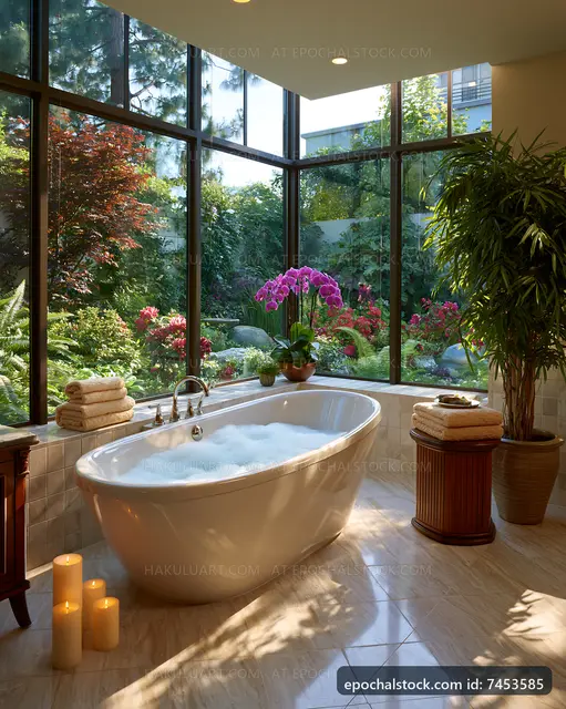 Relaxation area with a bathtub and garden view