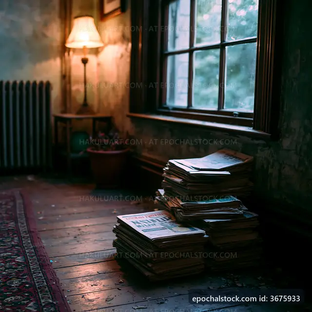 Old newspapers stacked in a dimly lit room with a lamp