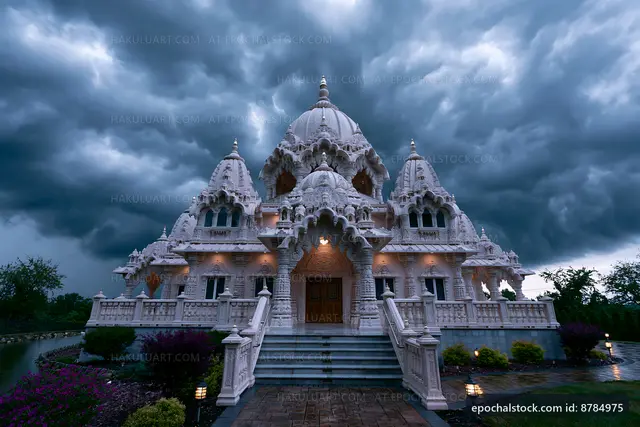 White temple under dark clouds with stormy sky