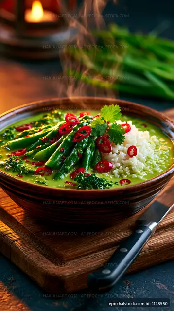 Healthy green curry with rice and vegetables in a bowl