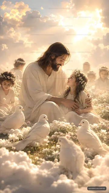 Jesus with children in a field of flowers and doves