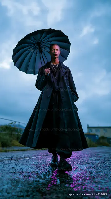Man walking with umbrella on wet street during overcast weather