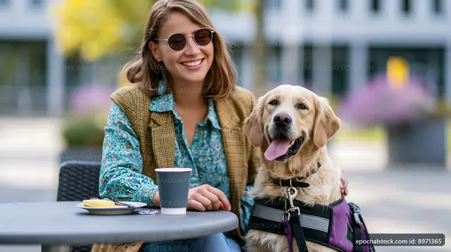 Woman sitting at a table with a dog in a sunny outdoor setting